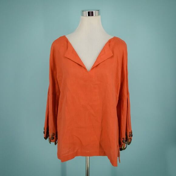Carlisle Size 16 Orange Split V Neck Long Sleeve Metal Decoration 100% Linen Top - Picture 1 of 7
